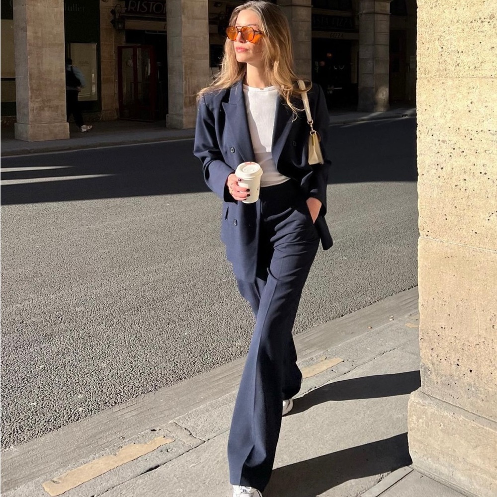 ZARA WOMAN TAILORED SET DOUBLE BREASTED BLAZER JACKET + PANTS NAVY BLUE - Picture 5 of 10